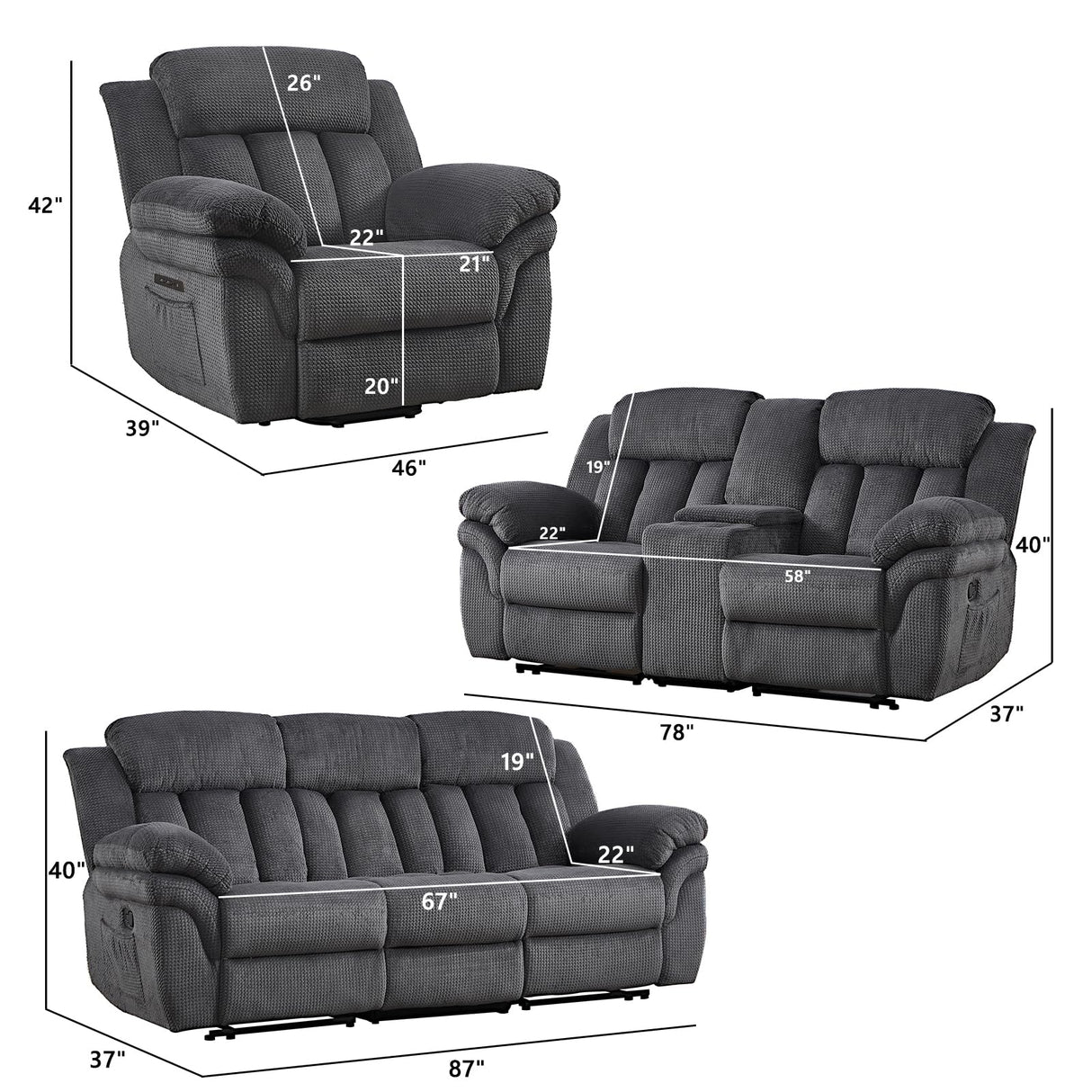 CANMOV Recliner Sofa Set, Oversize Power Lift Recliner Chair, Manual Loveseat and 3-Seat Sofa with Overstuffed Armrest for Living Room,Bedroom Furniture,Office,1+2+3 Seat Grey CANMOV