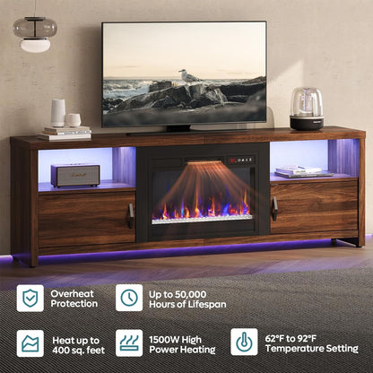 Bestier Fireplace TV Stand with LED Lights, 70 Inch Entertainment Center with Storage Cabinets for TVs Up to 80", Modren Wood Console TV Table with Adjustable Shelf for Living Room - Dark Wal - WoodArtSupply