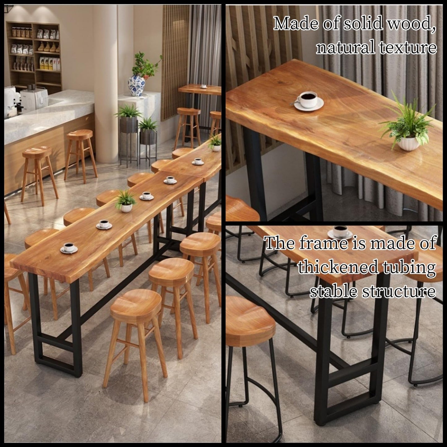 Solid Wood Industrial Bar Counter Table with Live Edge Design – 140cm Rustic Height Pub Table