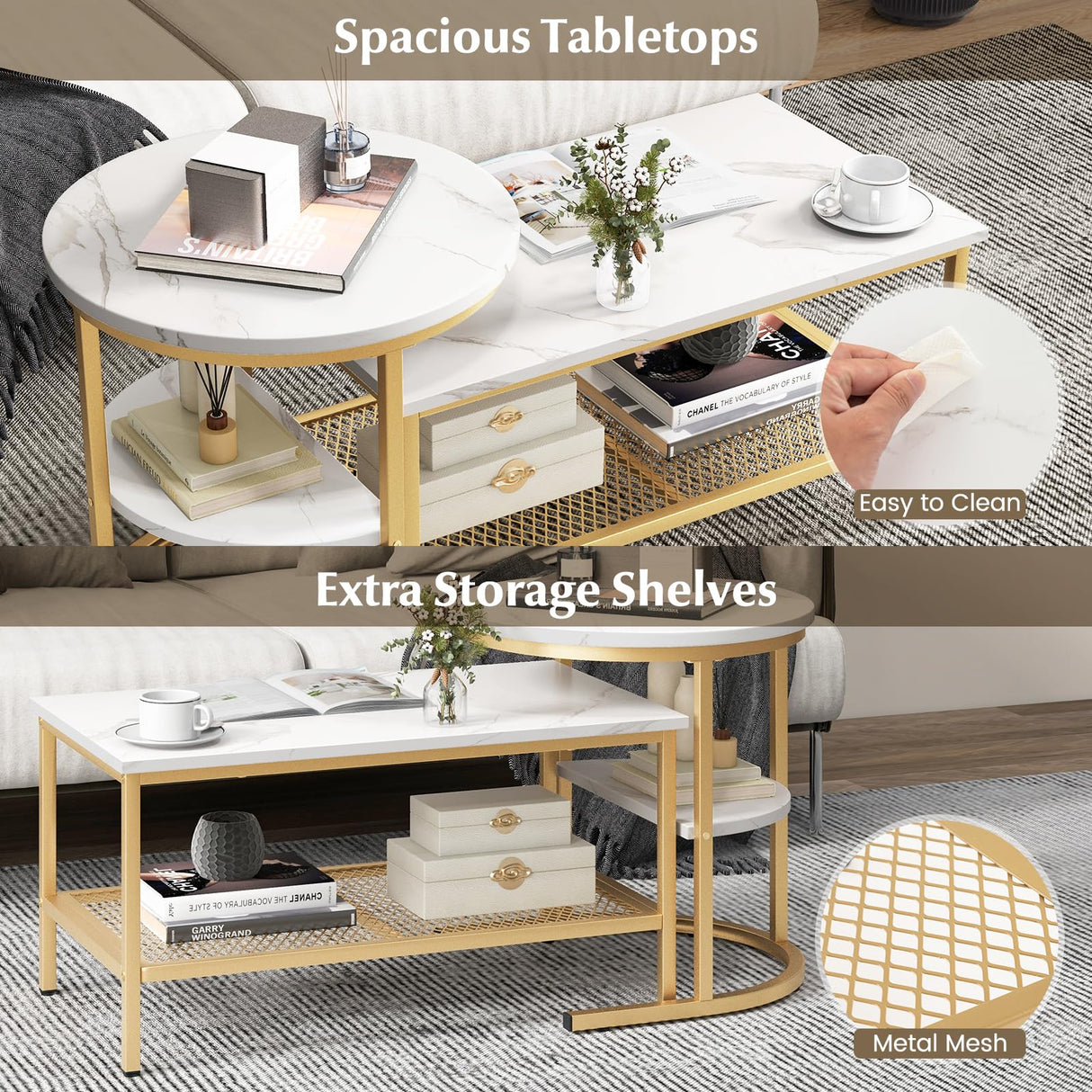 KOTEK Nesting Coffee Table Set of 2, Detachable Rectangular Coffee Table & Small Round End Table Set, Faux Marble Pattern & Sturdy Metal Frame, Modern Nesting Tables for Living Room (Gold) KOTEK