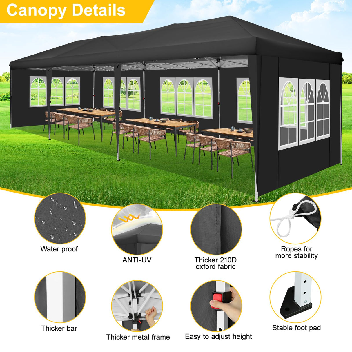 COBIZI 10x30 Pop Up Canopy Tent with 8 Sidewalls Tents for Parties Waterproof Camping Canopy Ez Up Party Tent Outdoor Portable Gazebo for Backyard Commercial Event Tent with sandbags, Black COBIZI