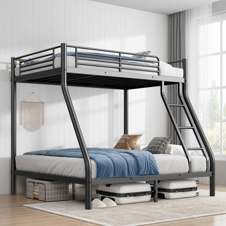 Twin Over Full Bunk Bed, Metal Bunk Beds Twin Over Full Size with Safety Ladder & Guardrail, Heavy Duty Bunkbed Frame for Adults Teens Dorm Bedroom Guest Room Apartment, Space-Saving (Black, Full) TBCOPTO