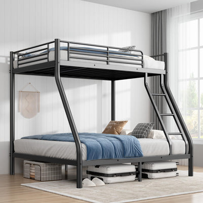 Twin Over Full Bunk Bed, Metal Bunk Beds Twin Over Full Size with Safety Ladder & Guardrail, Heavy Duty Bunkbed Frame for Adults Teens Dorm Bedroom Guest Room Apartment, Space-Saving (Black, Full)