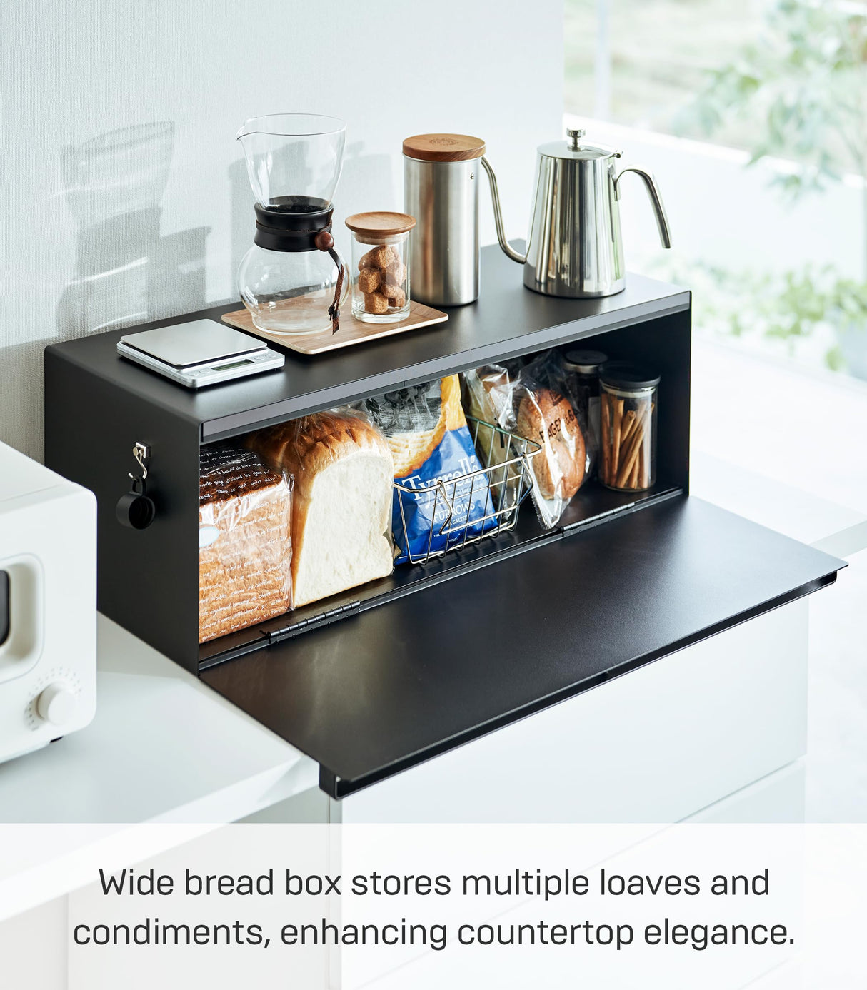 Yamazaki Home Tower Wide Bread Box Keeper Holder Container, Metal Bread Holder Saver, Large Counter Storage - Steel YAMAZAKI