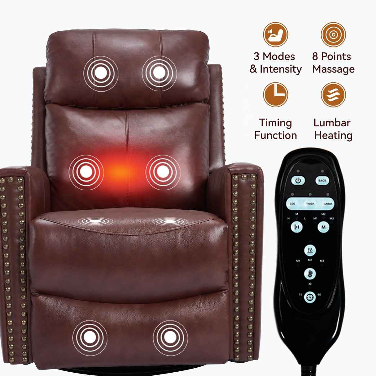KEIKI Genuine Leather Recliner Chair with Heat & Massage, Manual Rocker and 360° Swivel Recliner, Heavy Duty Cushion Back Armchair for Living Room, Burgundy KEIKI