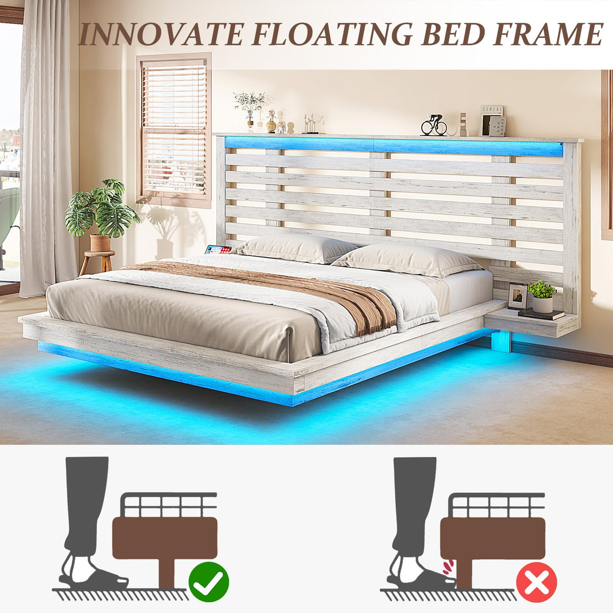 LUXOAK Distressed White Farmhouse Queen Floating Bed Frame with LED Lights & Charging Station LUXOAK