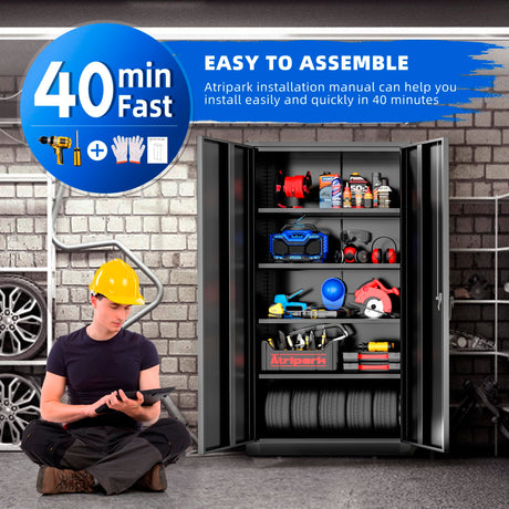 Superday Metal Garage Storage Cabinet with Lock, 72"×36"×18" Metal Storage Cabinets with 2 Doors and 4 Shelves, Black Locking Tool Cabinets for Home Office, Garage, File, Gym, School Superday