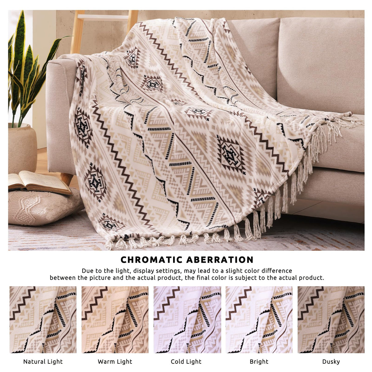 CASAAGUSTO Boho Throw Blanket - Beige and Gray Decorative Blankets with Tassel, Printed Flannel Bohemian Blanket for Chair, Bed, Sofa, Couch(50 * 60, Beige and Gray) CASAAGUSTO