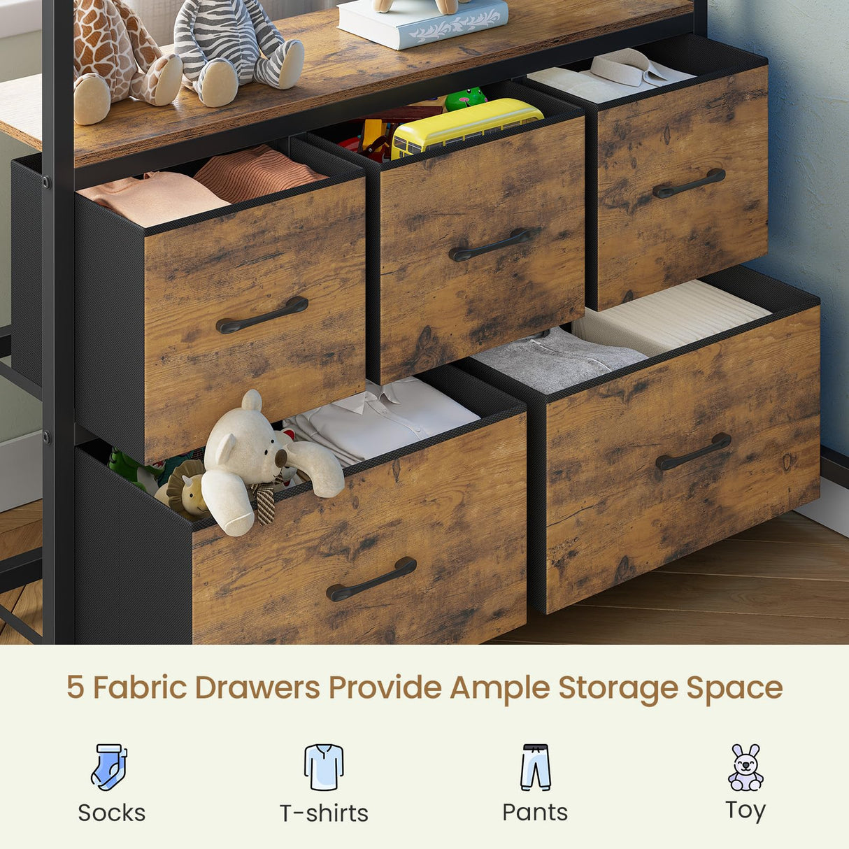 DICTAC Bunk Bed with L-Shaped Desk,5 Storage Drawers and 2 Shelves Metal Twin XL Over Twin Bunk Bed with LED Lights and Charging Station,bunk Beds with Safety Guardrail & Ladder,Space-Saving,Black DICTAC