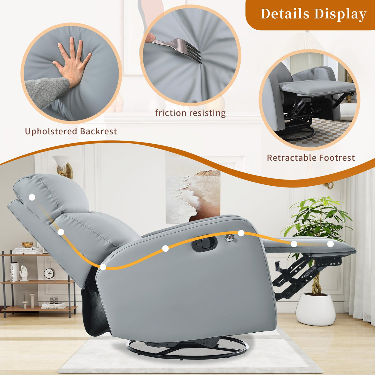 CHSICFOR Manual Swivel Recliner Chair,Nursery Reclining Sofa Chair with Lumbar Support, Adult Soft Padded Faux Leather Glider Recliner with 360° Free Rotation,Removable Phone Holder,Blue Gray CHSICFOR