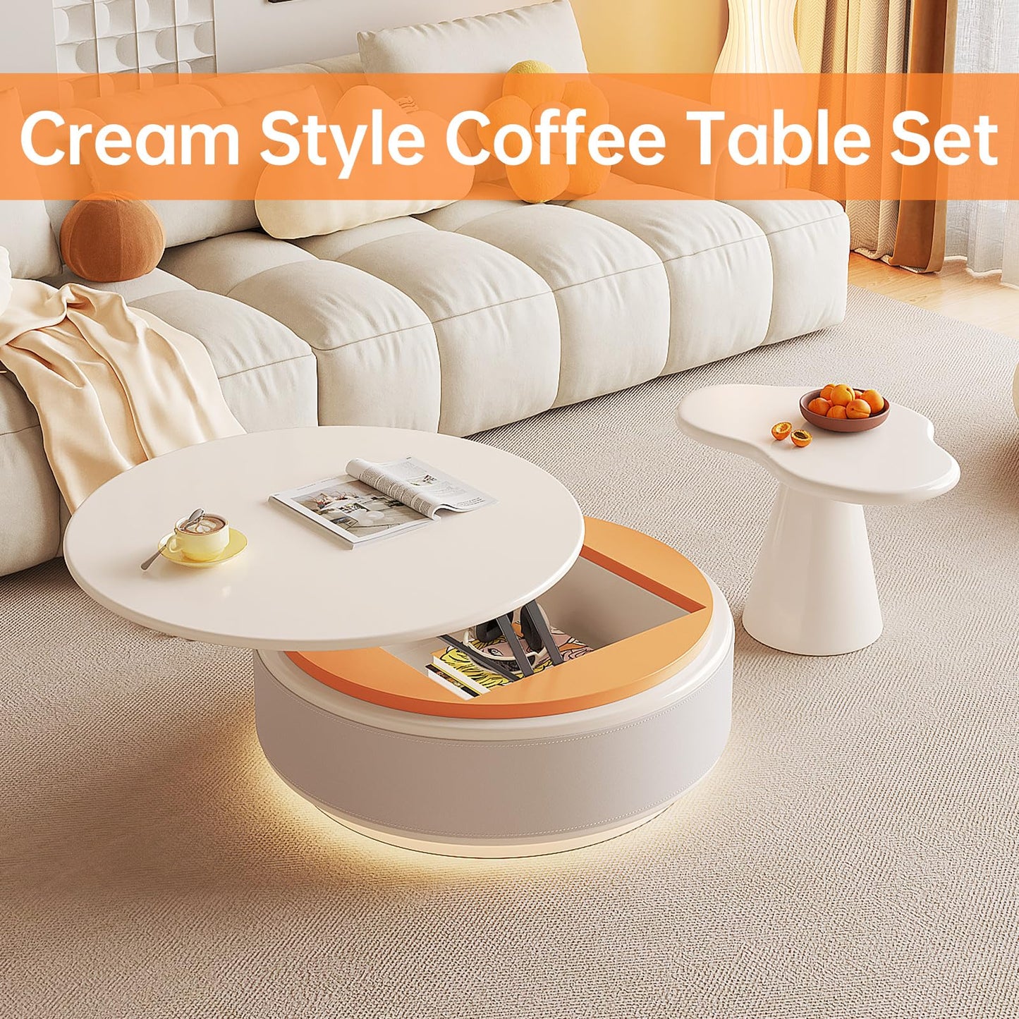 QEZEOM Round Nesting Coffee Table Set of 2, Lift Top Center Table with LED Sensor Light & Hidden Storage, Modern Cream White End Table for Living Room for Small Space, Easy Assembly - WoodArtSupply