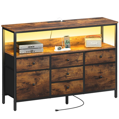 Yoobure TV Stand Dresser for Bedroom, 7 Fabric Drawers Entertainment Center, LED Dressers with Power Outlets, TV Stands for Living Room with Storage Shelf, TV Console Entertainment Stand up to 50" TV Yoobure