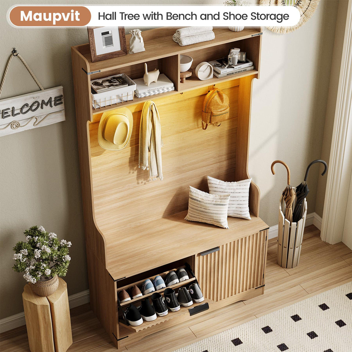 Maupvit 67" Entry Way Coat and Shoe Rack, 5-in-1 Hall Tree with Bench and Shoe Storage, Adjustable LED Sensor Light, Wood Coat Tree with Seat Stool & Hooks for Hallway, Mudroom, Light Walnut Maupvit