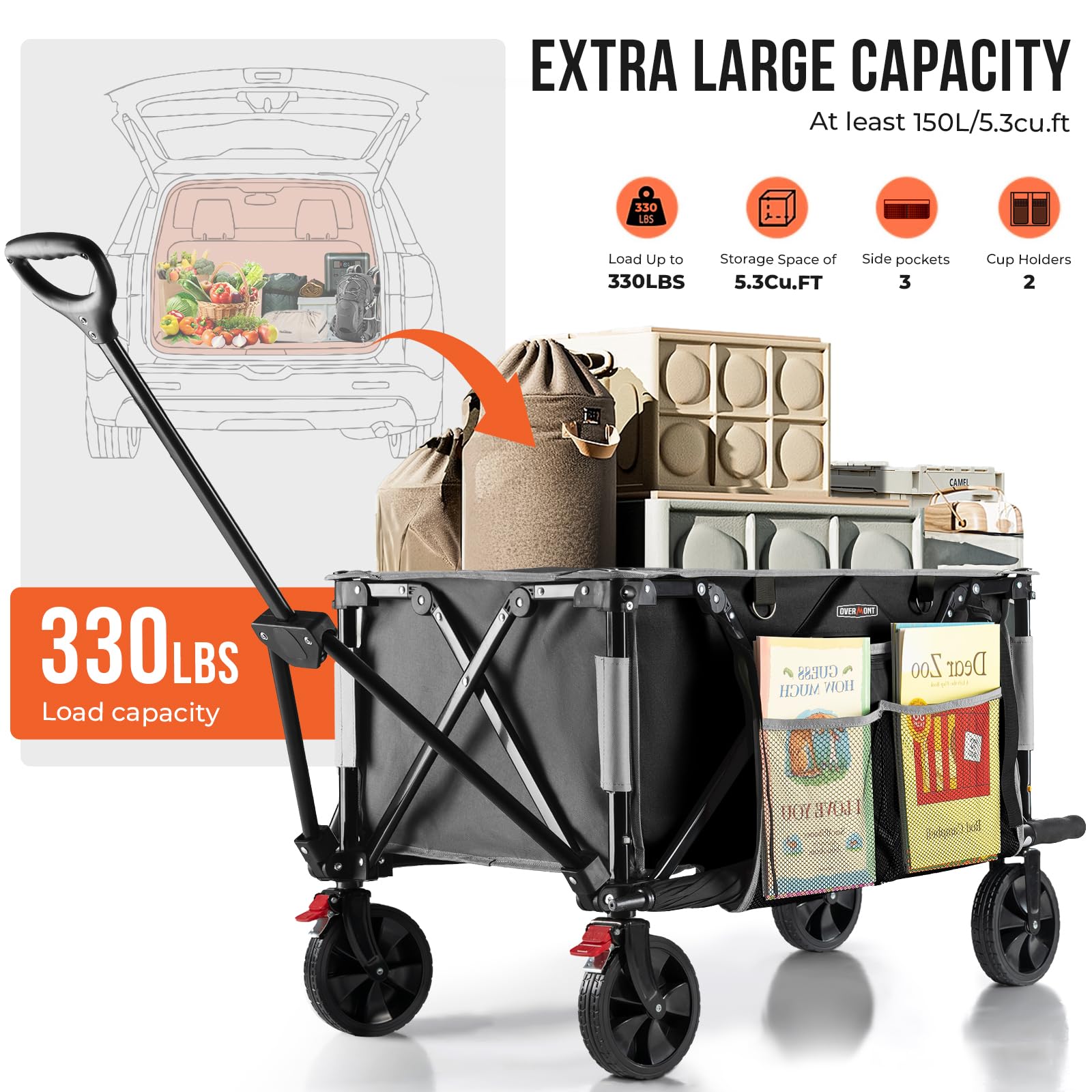 Overmont Collapsible Foldable Wagon Cart - Heavy Duty 150L Large Capacity Folding Utility Wagon Grocery Cart for Camping Grocery Sports Shopping- 330lbs Load - WoodArtSupply