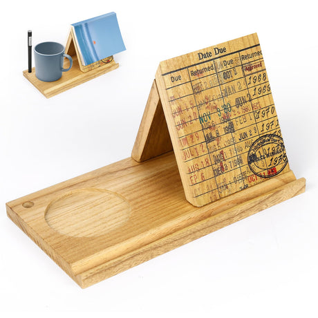 Wooden Triangle Book Stand with Drink Holder, Library Card Design Book Holder Page Rest, Night Stand Book Holder with Pen Slot, Gift for Book Lovers, Readers, Librarians, Writers Tanfeine