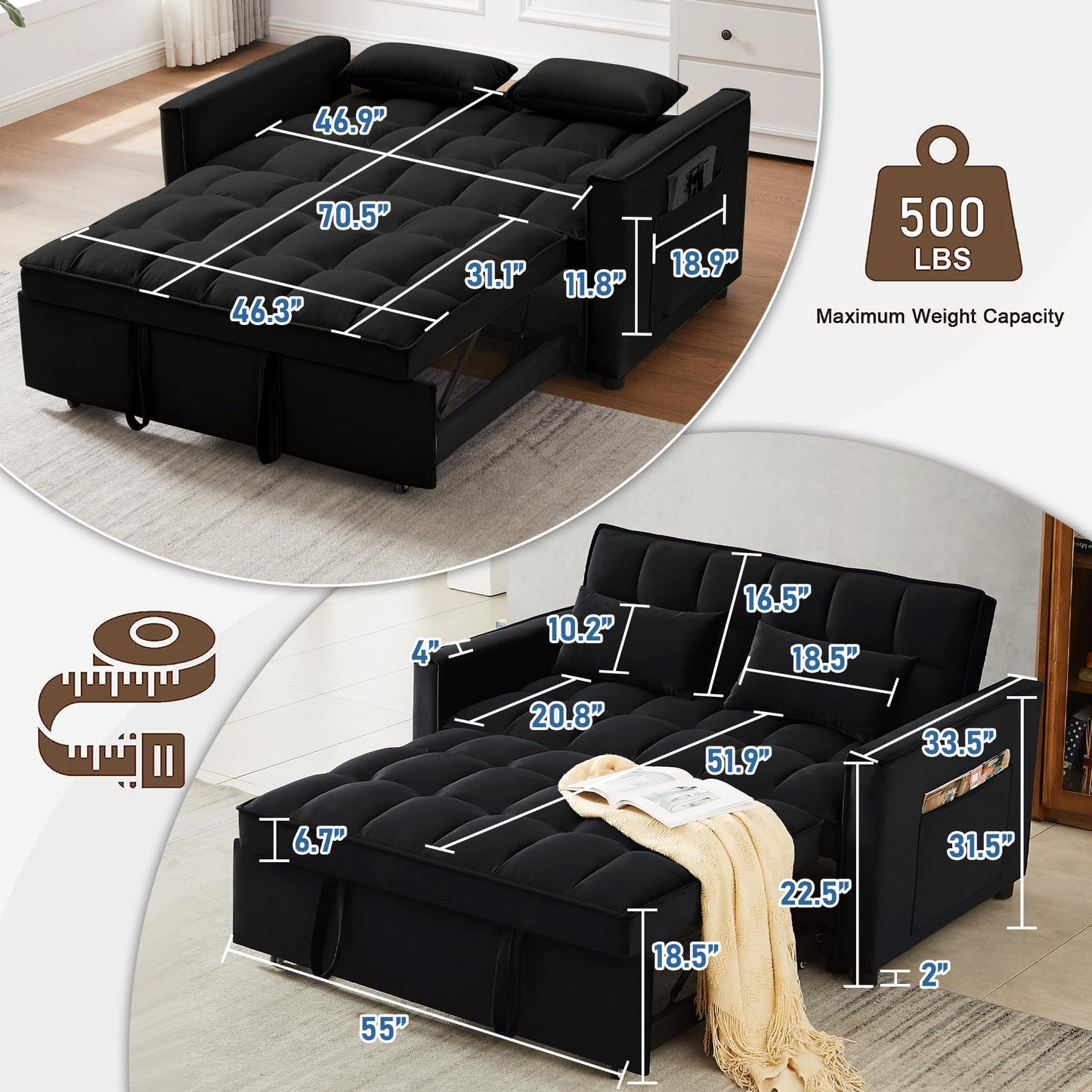 SumKea Pull Out Couch Bed Sleeper Sofa, Velvet 3-in-1 loveseat Sofa Bed with Pull-Out Bed, Two Throw Pillows, Balck