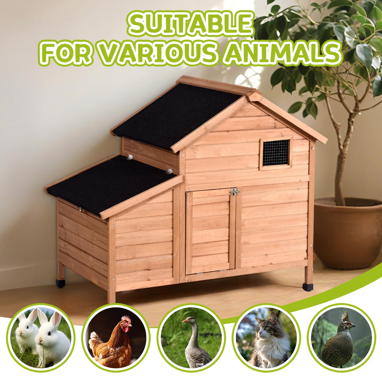 Narkula Outdoor Chicken Coop, Duck House with Nesting Box/Pull Out Tray/Secure Doors, Wooden Small Chicken Cage Weatherproof/Ventilation, 42.91" x 38.58" x 28.74", Brown NARKULA