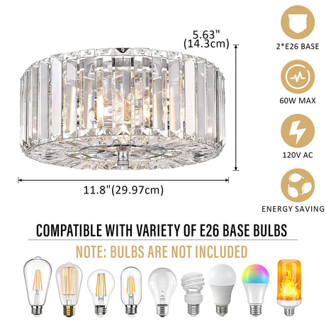 pasentel Farmhouse Crystal Round Flush Mount Modern Close to Ceiling Light Fixture, Drum Shade Ceiling Lights 2-Light Ceiling Lamp for Kitchen Island Dinning Room Bedroom Hallway, XDD007-2-CH pasentel