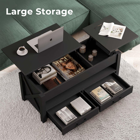 Seventable Coffee Table, 47.2" Lift Top Coffee Table with 2 Storage Drawers and Hidden Compartment, X Wood Farmhouse Support, Retro Center Table with Lift Tabletop for Living Room,Black Seventable