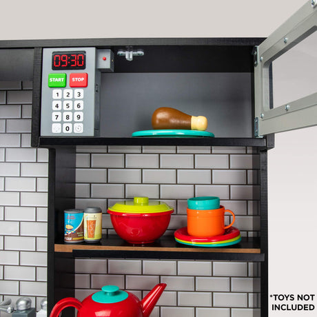 Lil' Jumbl Kids Kitchen Set, Pretend Wooden Play Kitchen, Battery Operated Icemaker & Microwave with Realistic Sound, Pots & Pan Included - Charcoal Lil' Jumbl