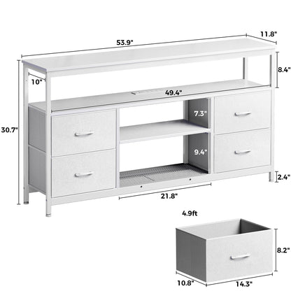 Huuger TV Stand Dresser with Power Outlets and LED Lights, 4 Drawers Entertainment Center with Shelves, 54 Inch Media Console for 55 60 Inch TV, 4 AC Outlets, 2 USBs, Dresser with PU Finish, White