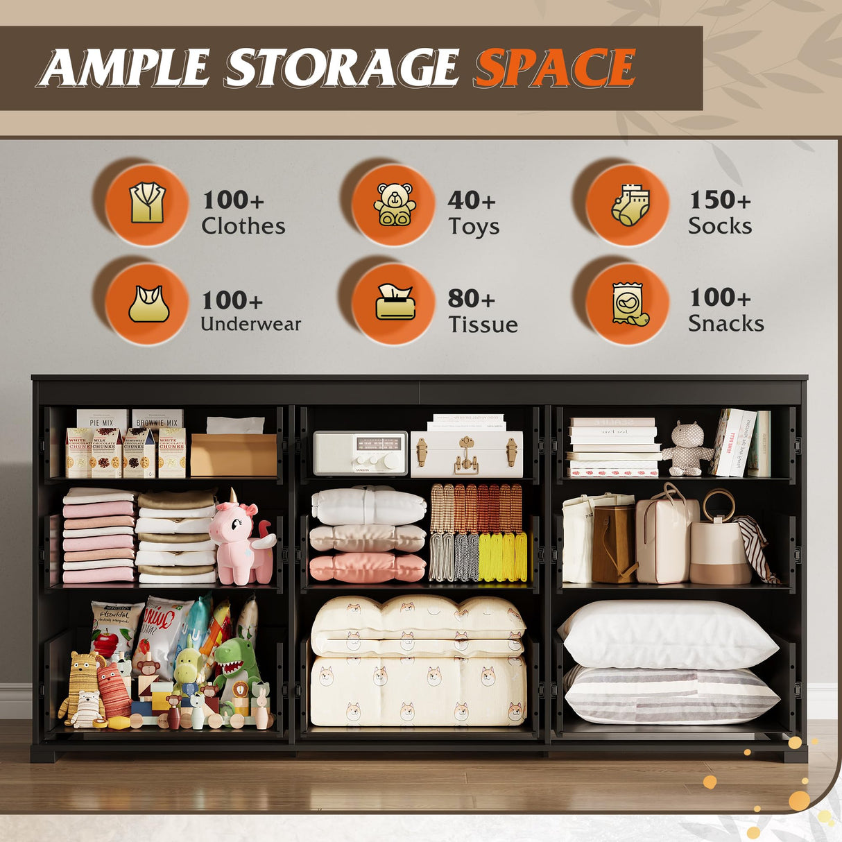 WLIVE 9 Drawer Dressers, Modern Large Wood Dresser Chest for Bedroom Organize with Sturdy Metal Handle, TV Stand for 75 inch TV, Living Room Office, Hallway, Ball Bearing Slide, Black (63" W) WLIVE