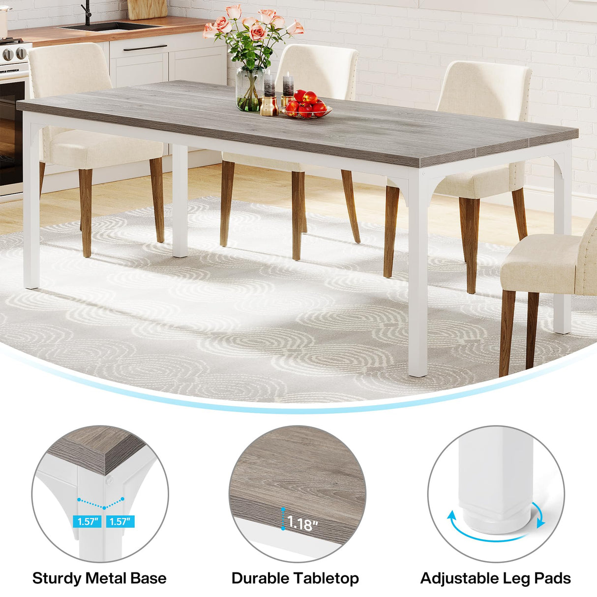 Tribesigns Farmhouse Dining Table for 6-8, 70.9 Inch Rectangular Wood Kitchen Table with Heavy Duty Metal Legs, Industrial Dinner Table for Dining Room, Living Room, Grey and White Tribesigns