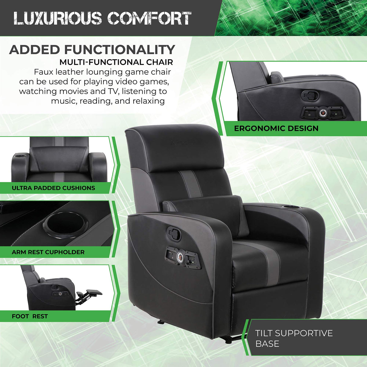 X Rocker Gamma Recliner Gaming Chair, 2.1 Bluetooth Audio System, Headrest Mounted Speakers, Built-in Footrest and Cupholder, 718001, 34.84" x 39.37" x 30.31", Black X Rocker