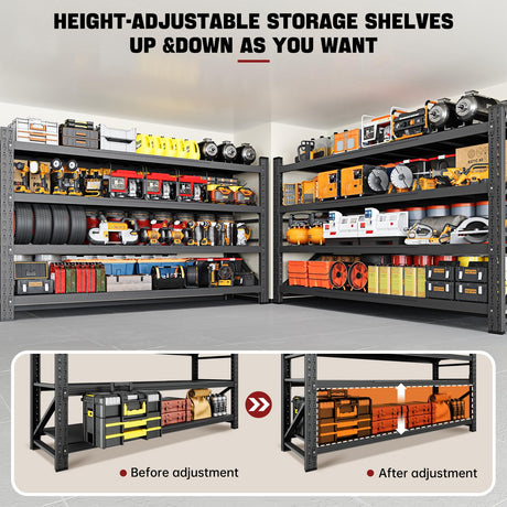 RAVIGIN 8000LBS Storage Shelves, 68" W Garage Shelving Heavy Duty Metal Adjustable Garage Shelves, Shelving Units Industrial Shelving for Warehouse, 68" W x 24" D x 63.4" H, Black RAVIGIN