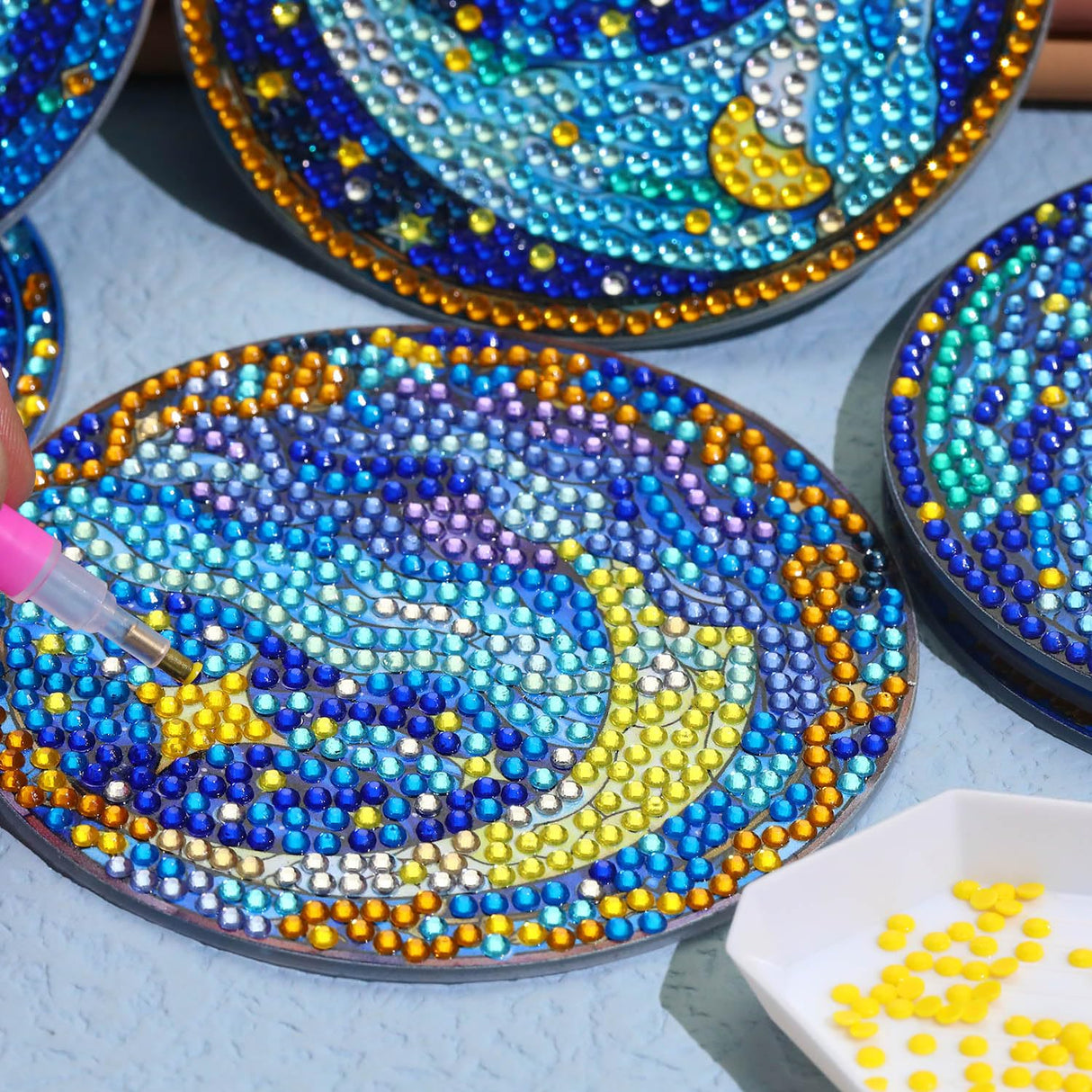 8 PCS Moon Diamond Art Coasters Kits, Diamond Painting Coasters with Holder Set of 8, DIY Drink Coasters Art Crafts Supplies for Adults Cup Mat for Home Decor House Warming Gifts Non-Slip 3.9inch Yanfairy