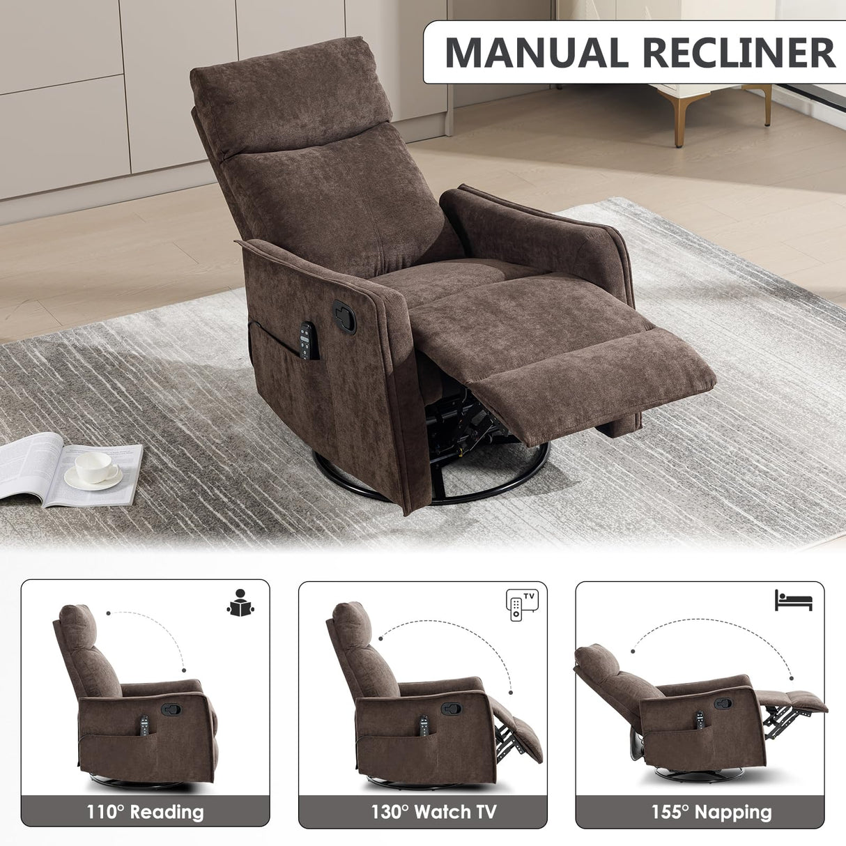 Trustyue Swivel Rocker Recliner Chair, 360° Swivel Recliner with Heat and Massage, Rocker Recliner Easy to Clean Nursery Glider Recliner Chair with Side Pockets for Living Room Brown Trustyue