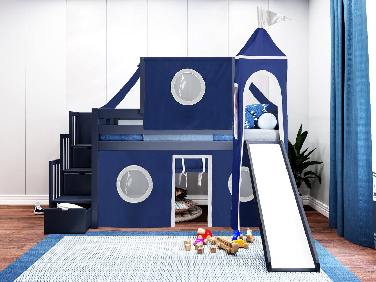 JACKPOT! Castle Stairway Low Loft Bed with 3 Drawers, Slide, Blue and White Tent and Tower, Twin, Blue