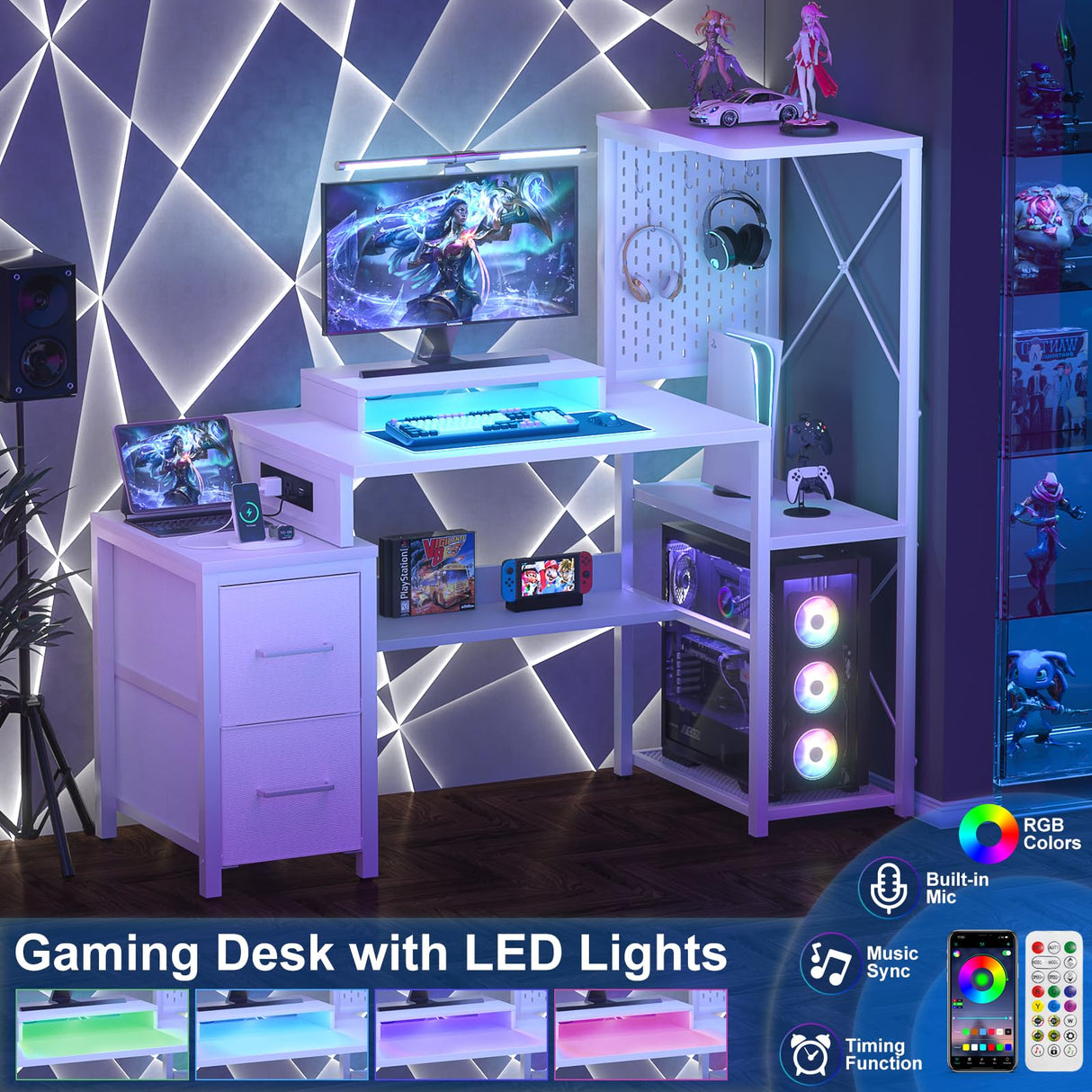 Small Gaming Desk with 2 Fabric Drawers - Reversible Computer Desk with Power Outlet & LED Lights, 49" Office Desk with Monitor Stand & Storage Shelves, Writing Study Table with Pegboard, White Besiost