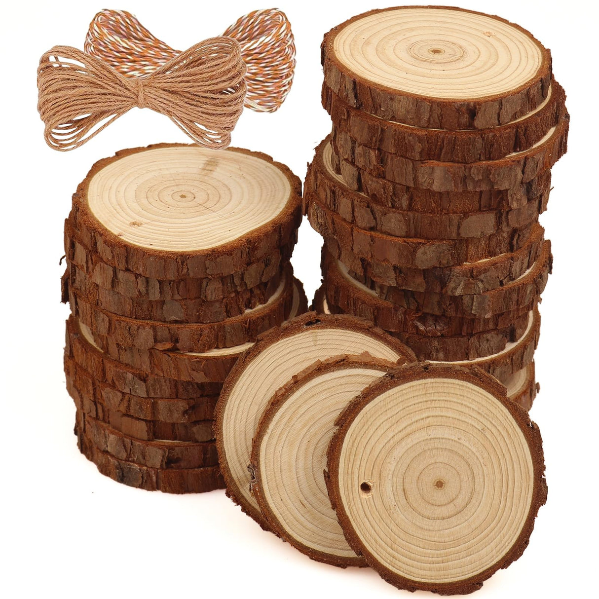 Natural Wood Slices 30 Pcs 2-2.4 Inches Craft Unfinished Wood Kit Predrilled Wooden Rounds with Bark, Wood Circles with Hole, Wood Slices for Crafts Ideal for DIY Projects, Christmas Ornaments ASSIRES