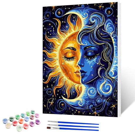 NAIMOER Sun and Moon Paint by Numbers Kits for Adults Beginner with Wooden Framed, Color by Numbers on Canvas Painting Kits for Adults, Easy Paint DIY Acrylic for Home Wall Decor 12X16 Inch NAIMOER