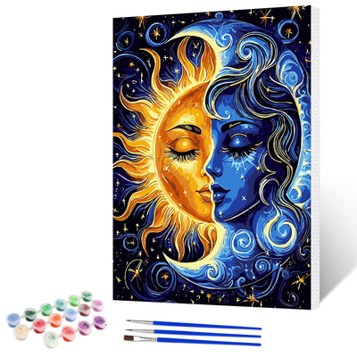 NAIMOER Sun and Moon Paint by Numbers Kits for Adults Beginner with Wooden Framed, Color by Numbers on Canvas Painting Kits for Adults, Easy Paint DIY Acrylic for Home Wall Decor 12X16 Inch