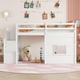 Twin Size Low Loft Bed with Stairs, Kids Loft Bed with Storage,Solid Wood Twin Loft Bed Frame for Kids, Space Saving Low Loft Bed for Boys, Girls, White Bellemave