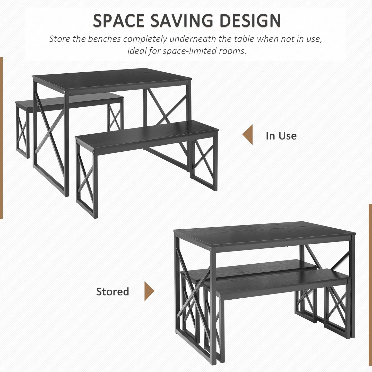 VECELO Kitchen Table with 2 Benches for 4, Wood Dining Room Dinette Sets with Metal Frame for Breakfast Nook and Small Space, 43.3", Black - WoodArtSupply