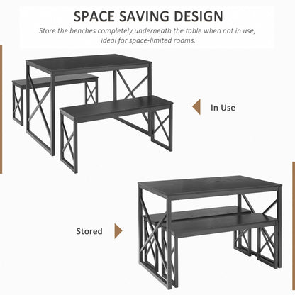 VECELO Kitchen Table with 2 Benches for 4, Wood Dining Room Dinette Sets with Metal Frame for Breakfast Nook and Small Space, 43.3", Black - WoodArtSupply