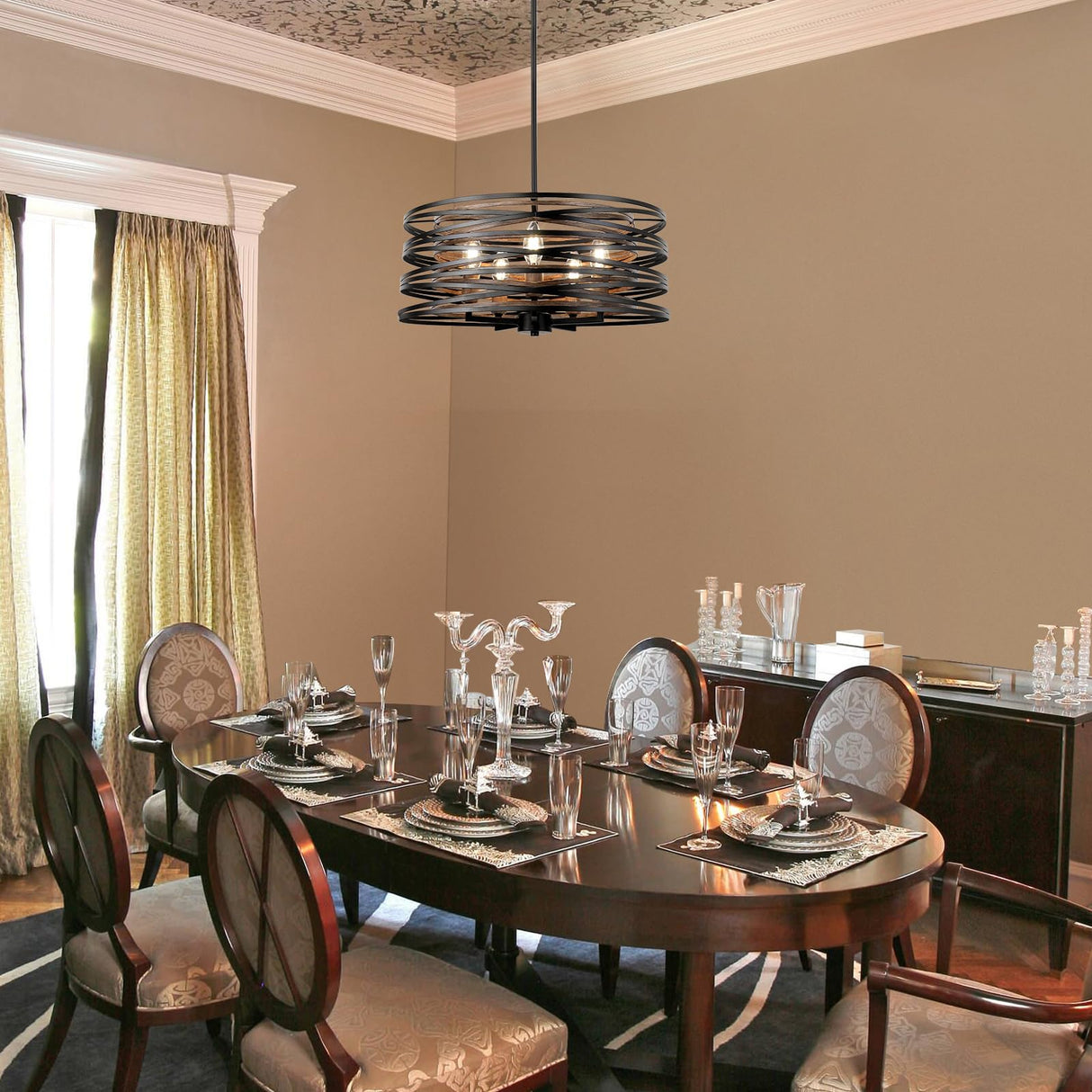 WBinDX 5-Light Drum Chandelier, 18.9'' Black Faux Wood Metal Farmhouse Dining Room Light Fixture, Rustic Industrial Retro Hanging Round Chandeliers for Kitchen Table Foyer Entryway Living Room WBinDX