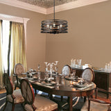 WBinDX 5-Light Drum Chandelier, 18.9'' Black Faux Wood Metal Farmhouse Dining Room Light Fixture, Rustic Industrial Retro Hanging Round Chandeliers for Kitchen Table Foyer Entryway Living Room WBinDX