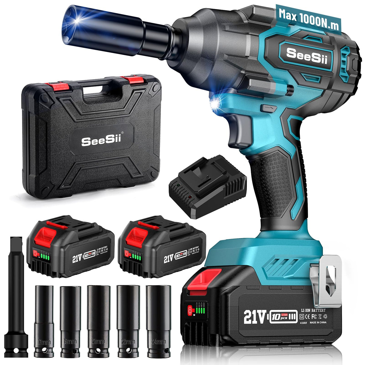 Seesii 1000Nm(738ft-lbs) Cordless Impact Wrench High Torque,1/2" Brushless Impact Gun w/Two 4.0AH Battery,Fast Charger, 5 Sockets & Storage Case, Electric Impact Wrench for Car Truck,WH760 Seesii