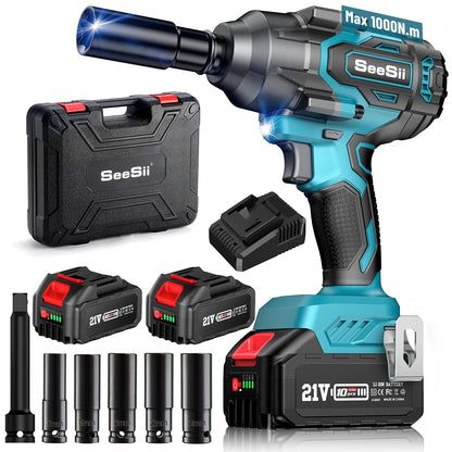 Seesii 1000Nm(738ft-lbs) Cordless Impact Wrench High Torque,1/2" Brushless Impact Gun w/Two 4.0AH Battery,Fast Charger, 5 Sockets & Storage Case, Electric Impact Wrench for Car Truck,WH760 - WoodArtSupply