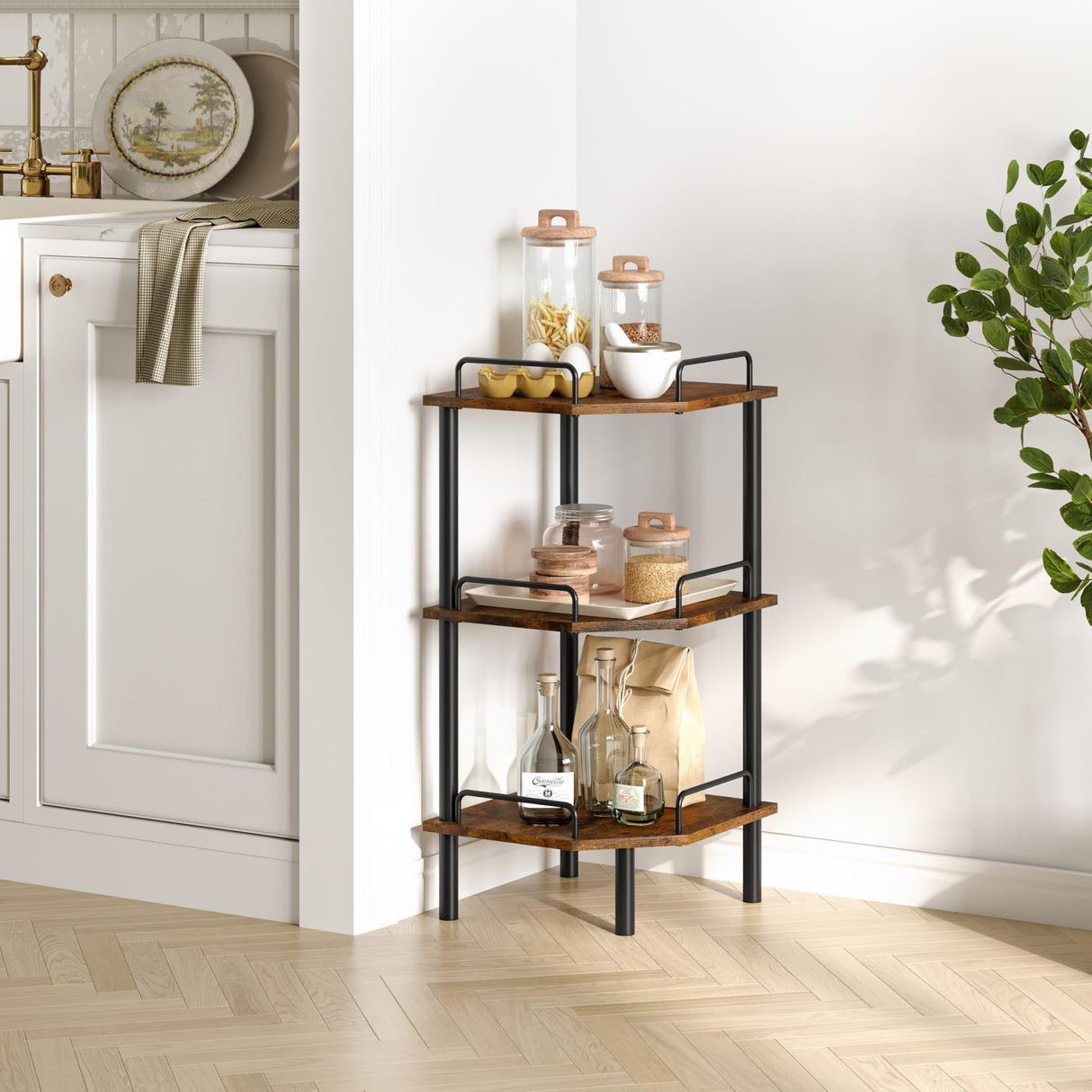 Tajsoon 3-Tier Industrial Corner Shelf Stand in Rustic Brown - Versatile Display Unit for Any Room Tajsoon