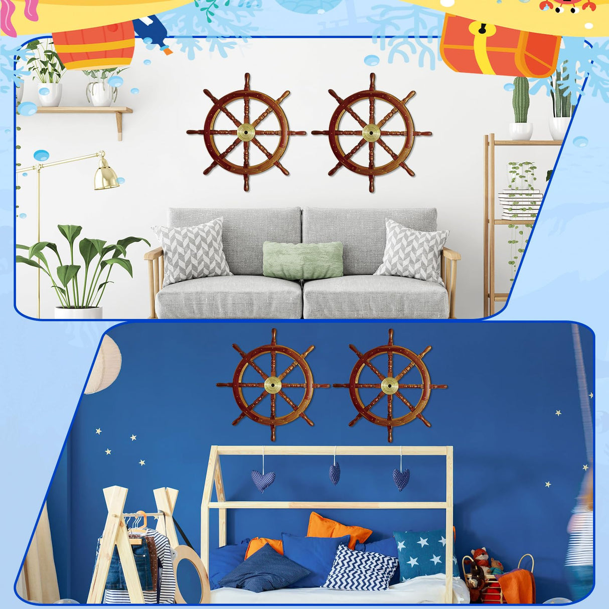 Tatuo 2 Pcs Ship Wheel Wall Decor Pirate Decorations Thin Flat Wooden Nautical Wall Art 2D Wood Beach Boat Cruise Ship Steering Wheel for Home Bedroom Decor(18 Inch) Tatuo