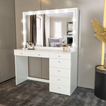 Boahaus Diana Large Vanity Makeup Desk with Vanity Mirror, Built-in Lights, 7 Drawers, Crystal Ball Knobs, Power Outlet, White Makeup Desk for Bedroom, 58.2'' H x 47.2'' W x 17.7'' D