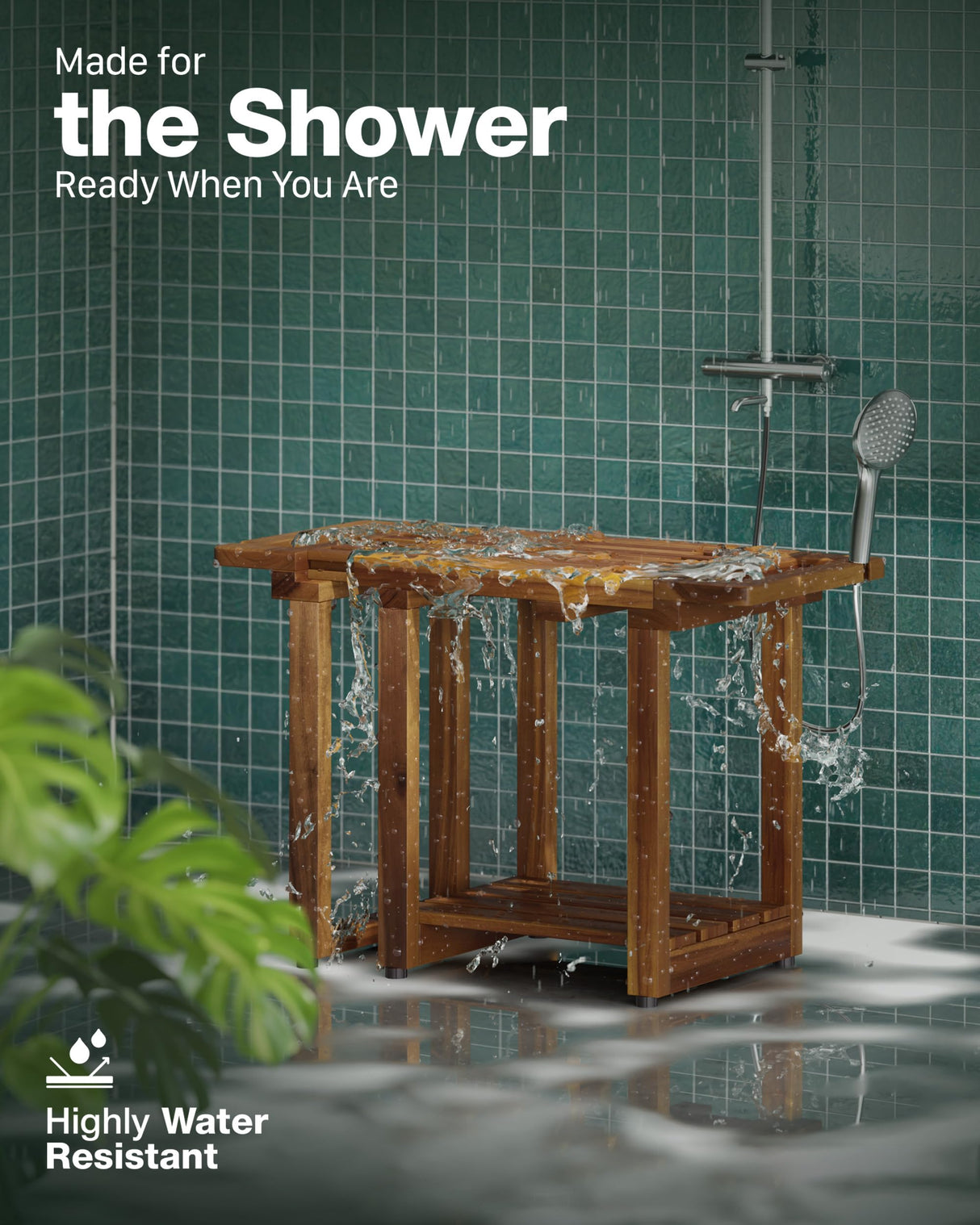 BLUEWEST Adjustable Shower Bench Stool for Inside Shower – 31.7'' Wood Bathroom Bench with Storage Shelf, Built-in Handle & Shower Head Holder, Waterproof Ideal for Sitting, Shelving Legs and Spa Use BLUEWEST