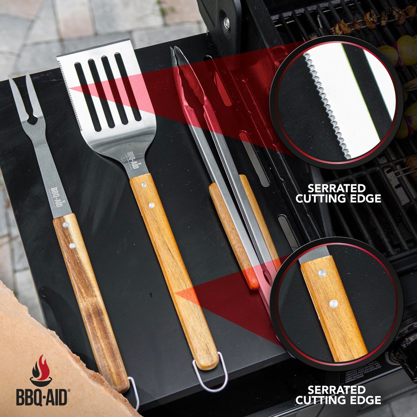 BBQ-AID 3 Piece Grill Set BBQ Accessories - Kitchen Tongs, Metal Spatula & Fork Utensils - Heavy Duty Stainless Steel Barbecue Grill Utensils for Outdoor Grill with Solid Sturdy Wood Handles