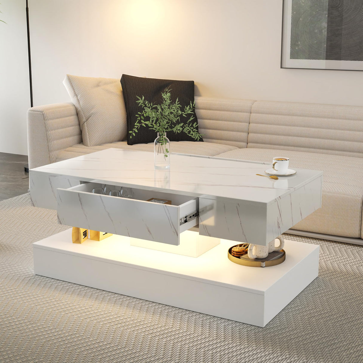 LED Coffee Table with Drawers, Rectangular 2 Tier Center Table with LED and Drawers for Living Room, Modern Center Table with Storage, White SOFTSEA