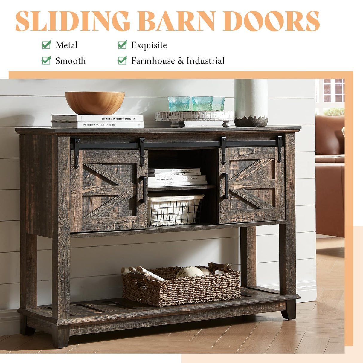 AMERLIFE Sofa Table with Sliding Barn Doors, TV Console Table, 46" Farmhouse Rustic Storage Entryway Table, Adjustable Open Shelves, Hallway, Living Room, Bedroom, Rustic Oak Black AMERLIFE